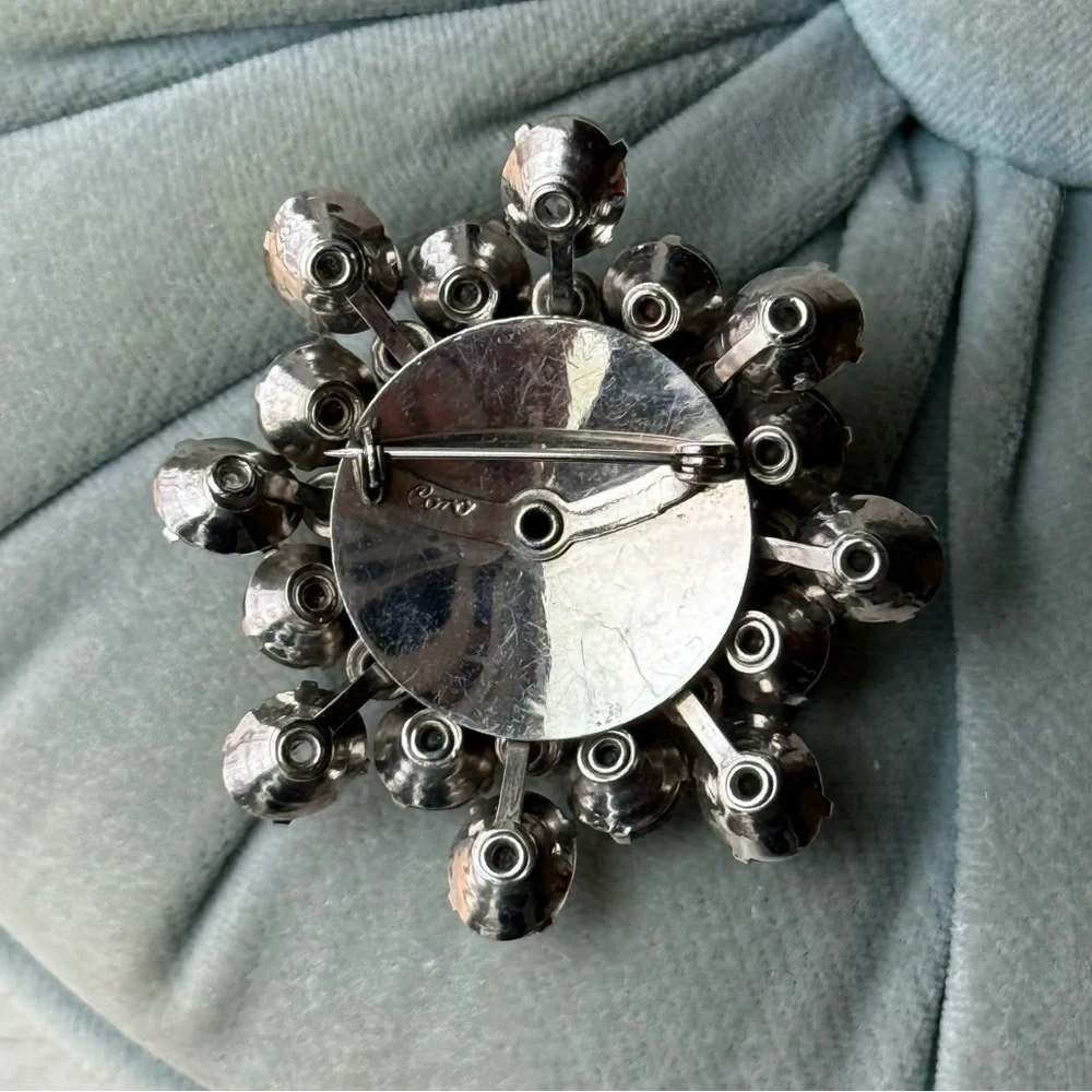 Vintage MCM Coro Rhinestone Brooch Signed Silvertone Snowflake Dome Sunburst